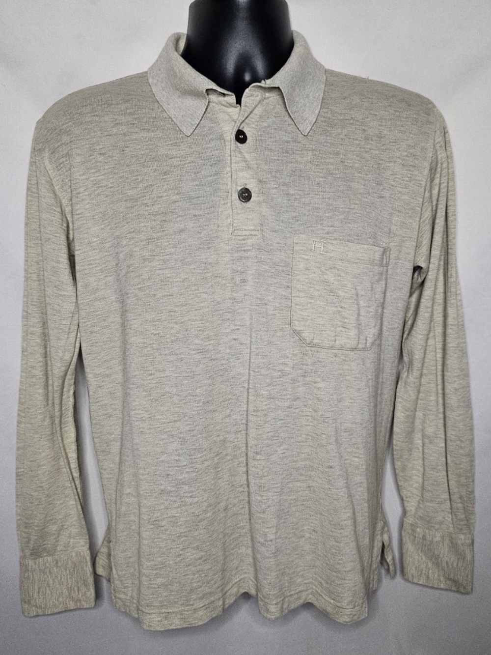 Vintage VTG Mens Hermes Gray Long Sleeve H Logo Pocket Polo Shirt Made Italy M